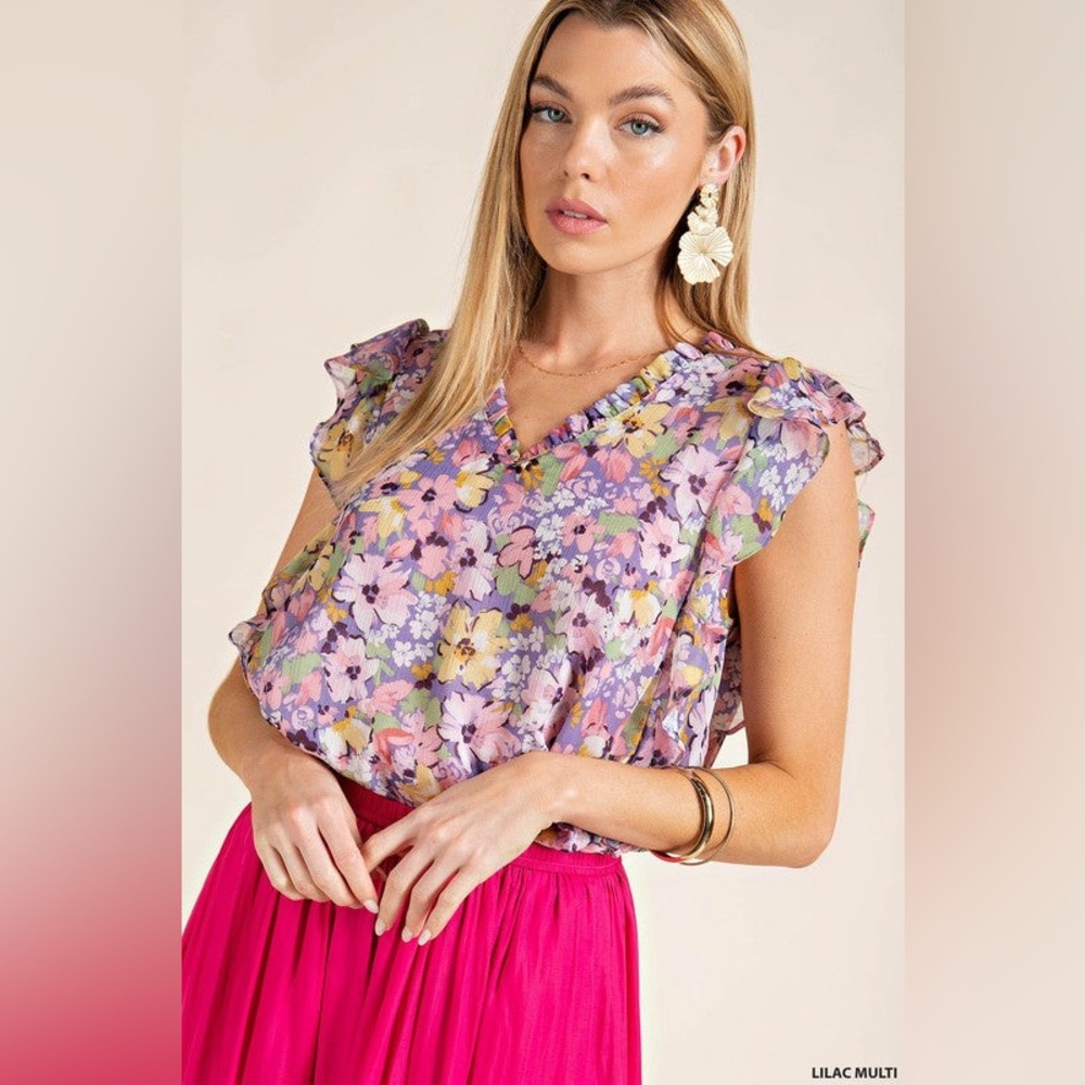 Flowered V Neck Top